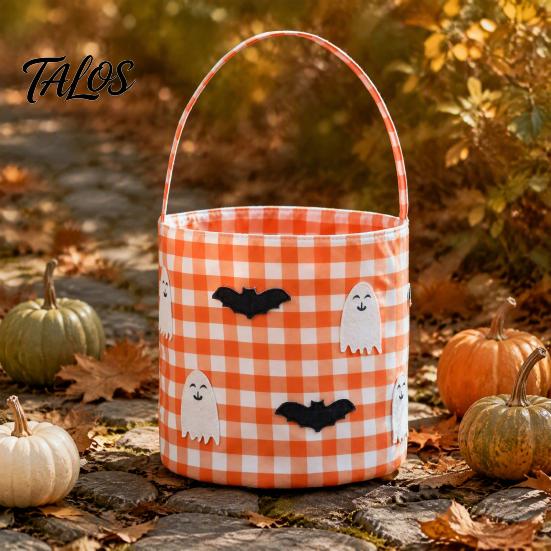 Autumn Theme Decor Halloween Bucket, Trick or Treat Basket for Kids Boys Girls, Plaid Pumpkin Goodie Bags Bat Ghost Candy Tote Bag with Handle