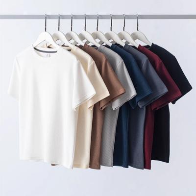 Men's Summer Solid Color Short Sleeve Waffle T-shirt Large Size Pique Handsome Casual Half Sleeve Top