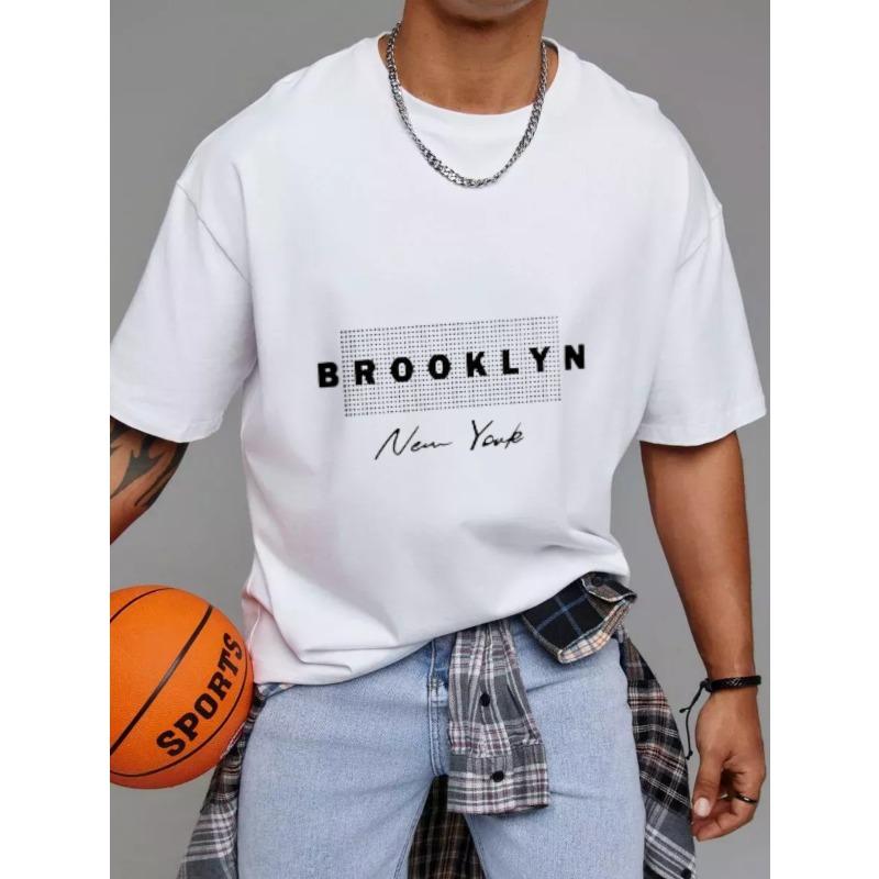 Crewneck T Shirt White Brooklyn New York Graphic Print Casual Streetwear Men's Fashion Top