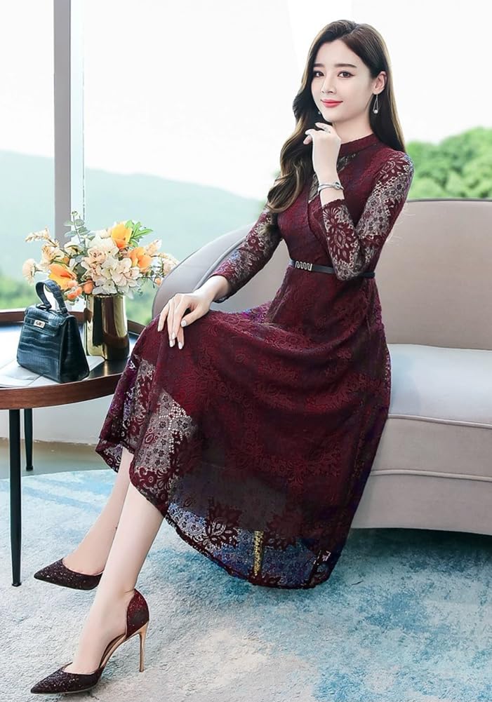 Long Midi Perfect for Party and Formal Beautiful [Chubikime] Women's All-Lace Dress, Sleeves, Length, A-Line, Lined, Belted, Slimming, Weddings,