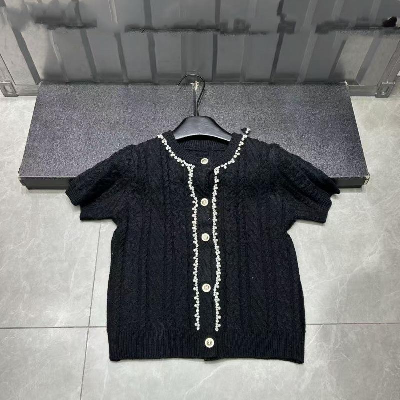 2026 Spring Studded Rhinestone & Pearl Trim Knit Cardigan - Round Neck, Short Sleeve, Versatile & Casual