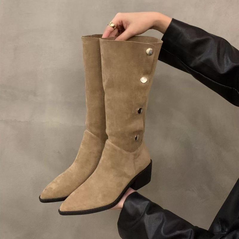 Women's shoes stacking boots retro niche small boots French women's boots autumn and winter new brown western cowboy boots