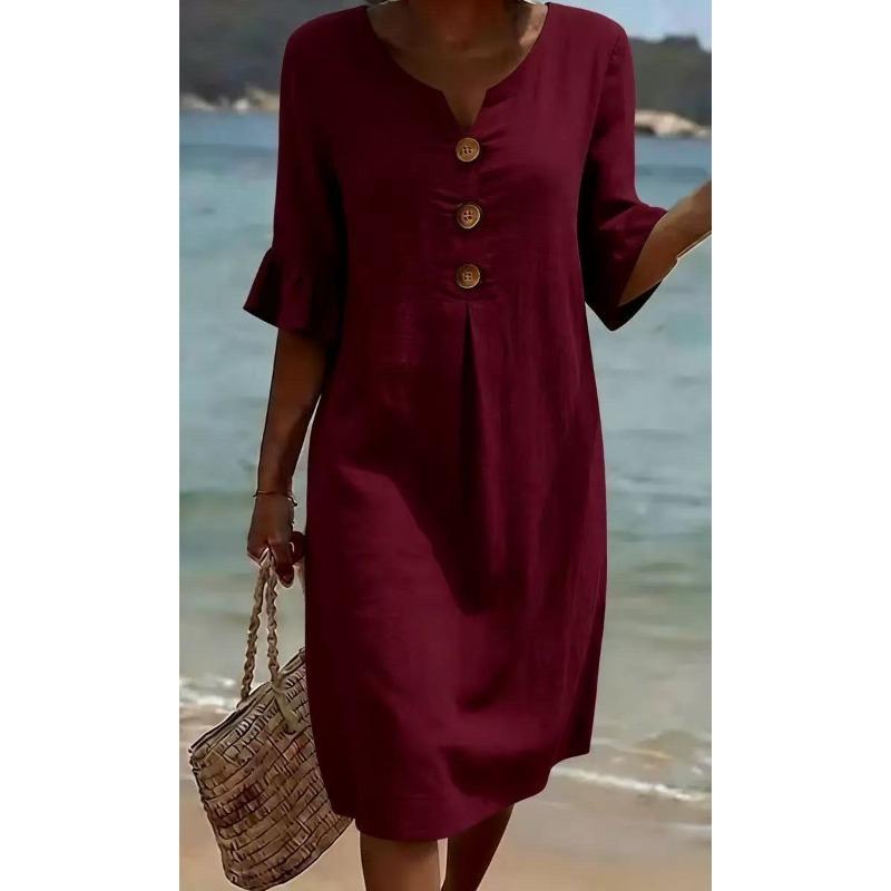 Abito midi da donna bianco effetto lino con scollo a V, bottoni decorativi e maniche a volant