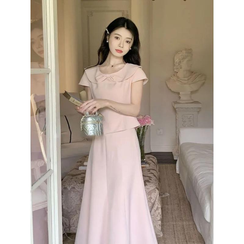 Women's Pink Two Piece Set Ruffle Collar Short Sleeve Top High Waist Flared Midi Skirt Elegant Casual Outfit