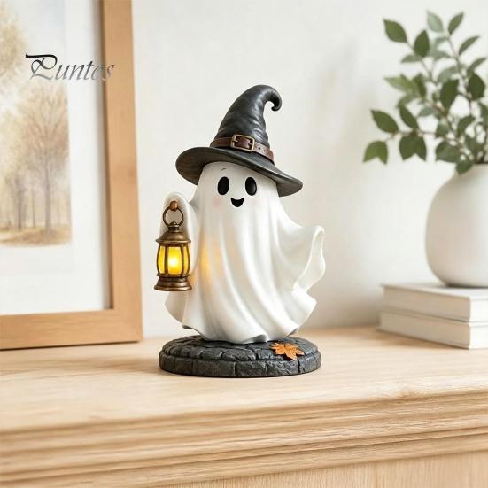 Resin Lighted Ghost Statue Halloween Figurine, Spooky Witch on Pumpkin/Holding Lantern Home Office Table Ornament with LED Light for Desktop Bookshelf