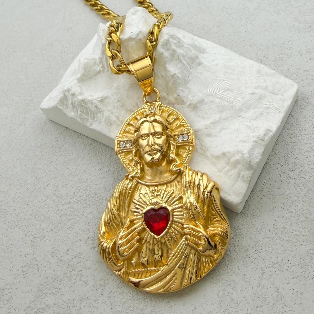 My Fine Jewelry Men's Golden 316L Stainless Steel Pendant, Jesus Heart Pendant, With Rhinestone, Color, Religious, Hip-Hop Wo's Gift
