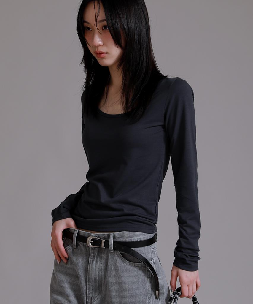 LIKE THE MOST U Round Basic Long Sleeve T-Shirt_Charcoal