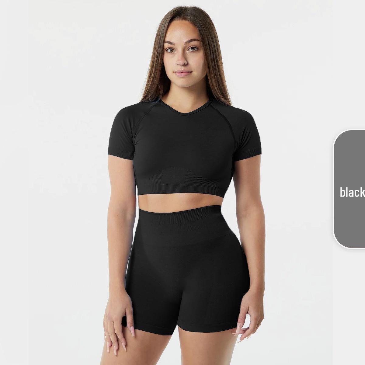 

Европейский и американский быстросохнущий бесшовный набор для йоги: Топ с коротким рукавом и шорты с высокой посадкой, приподнимающие бедра M