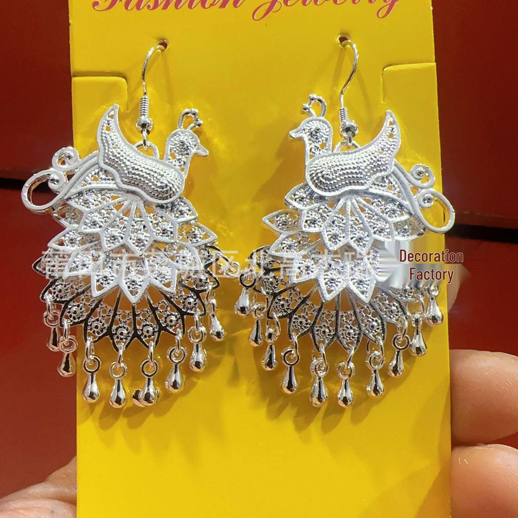 Ethnic Style Peacock Bell Tassel Earrings - Four-Layer Phoenix Design in Imitation Miao Silver