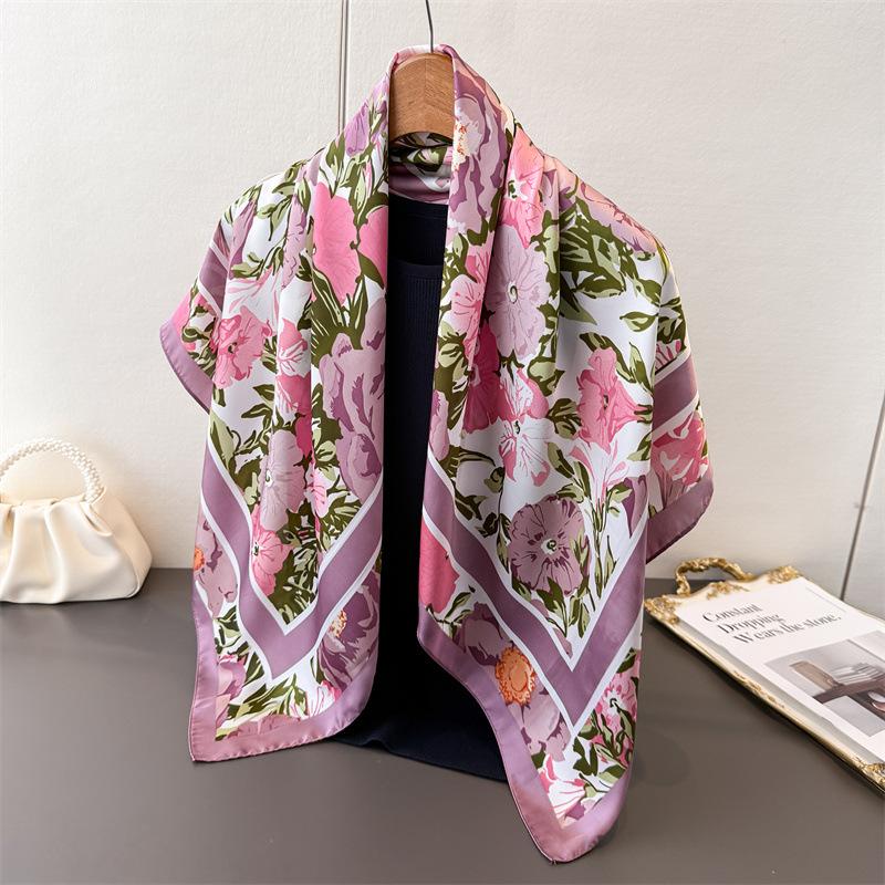 Korean Version of Flower Sea Simulation Silk High-end Large Square Scarf Silk Scarf Printing Travel Shawl Scarf Sunscreen Headscarf Women's Scarf