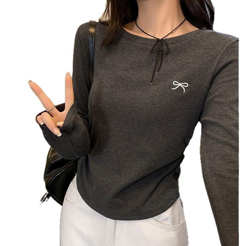 

Весенне-осенняя хлопковая футболка с круглым вырезом, с меховой вязкой на переднем плече, базовая внутренняя футболка, женский облегающий короткий топ с вышивкой в виде банта XL