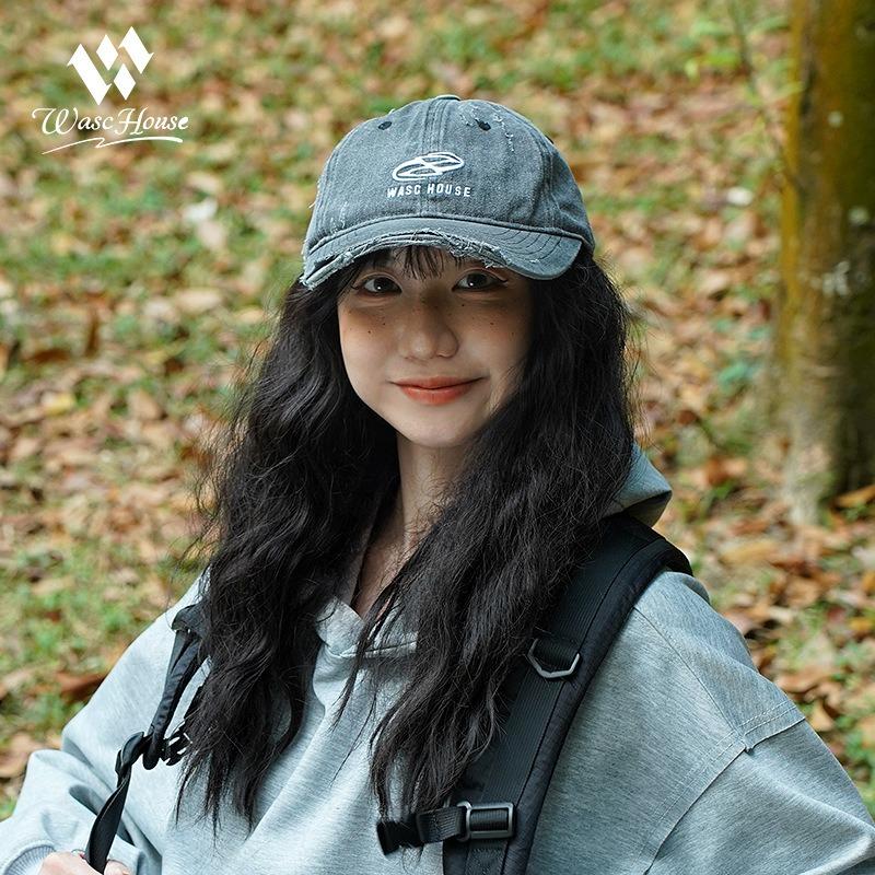 Hat Men's Street Old Ripped Denim Baseball Cap Women's Trend Brand Letter Embroidery Cap Big Head Circumference