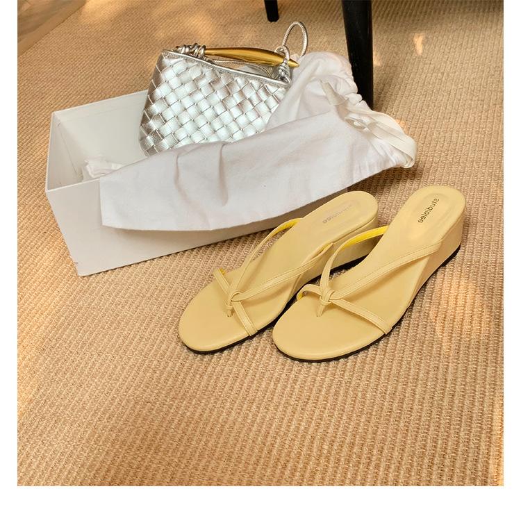 Sheepskin heel height 6cm slippers women's summer toe fairy wind outer wear thin band wedge herringbone cool slippers