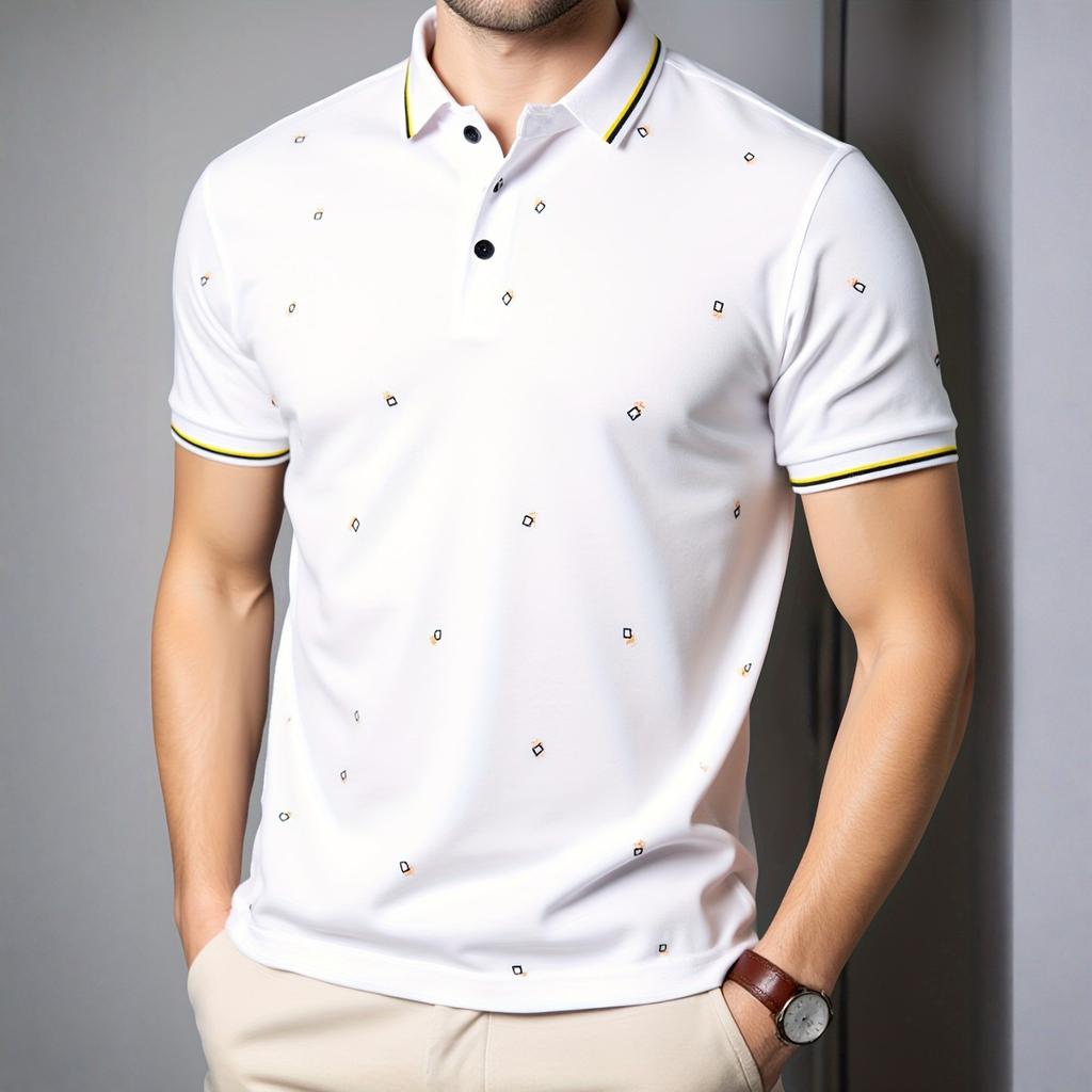 Men's Summer Fashion Casual Floral Short Sleeve T-shirt Color Block Lapel Top