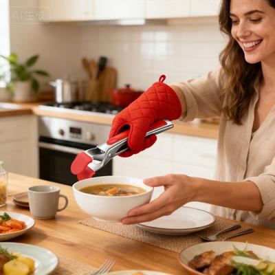 Verbrühschutz-Clip Edelstahl Küchenzange Ergonomischer Griff Anti-Rutsch-Silikonklemme Heißplatten Schüsseln Kochgeschirr Handhabungsclip Kochwerkzeug