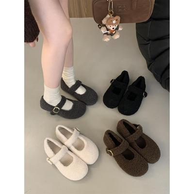 Gray Mary Jane Fluffy Shoes for Women To Wear Outside In Winter Korean Version Single Shoes for Women To Increase Their Inner Height and Add Fleece