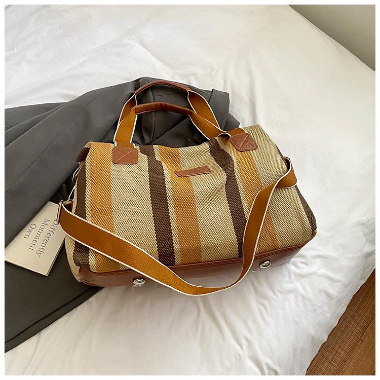 New Striped Short Trip Bag Women's Japanese Canvas Hand Luggage Large Capacity Shoulder Crossbody Bag
