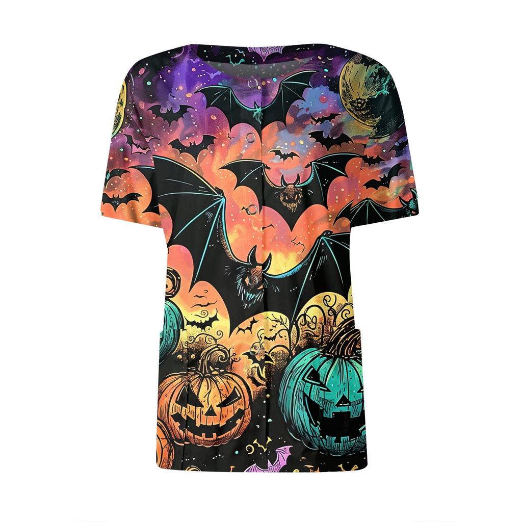 Women's Short Sleeved Patterned Pockets, Work Print Stand Up Collar, Single Breasted Protective Clothing, Cardigan Jacket, Top