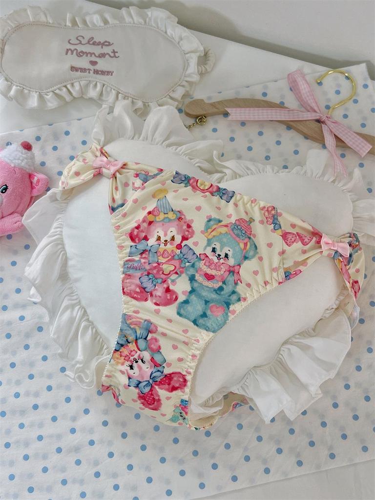 Cute Rabbit Print Bow Milk Silk Triangle Panties – Comfortable Hip-Wrap Student Style
