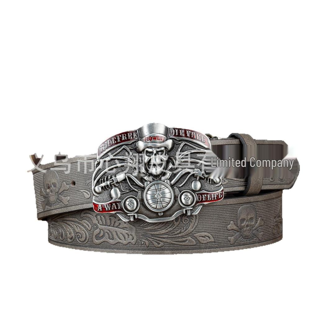 Men's Skull Embossed Leather Belt with Large Buckle - Trendy PU Design