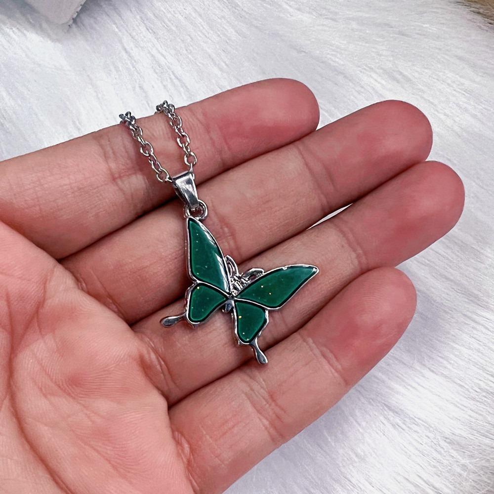 Y2k Hip Hop Stainless Steel Blue Heart-shaped Butterfly Temperature Changes Color Pendant Necklace for Women Men Jewelry Gifts