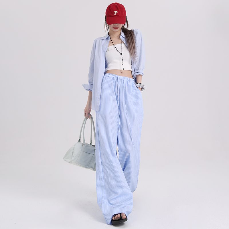 

Blue and White Vertical Stripes Thin High Waist Loose Casual Pants Stripes Blue Long S