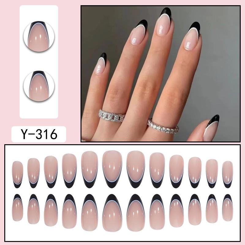 Black White French Tip Press-On Nails Minimalist Style Self-Adhesive Nail Tips Daily Wear