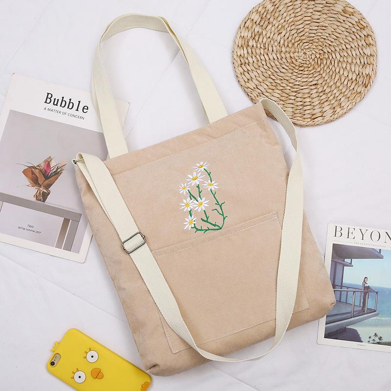 Little daisy corduroy women's shoulder canvas bag, art student make-up bag, leisure college wind crossbody shopping bag