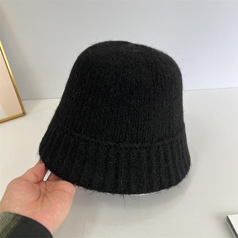 

Осенне-зимняя шерстяная вязаная женская шляпа-ведро подчеркивает лицо, универсальная простая однотонная шляпа-панама M（56-58cm） чёрный