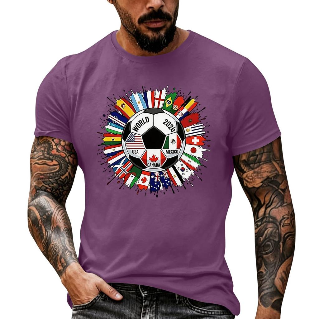Men's Basic Crew Neck Short Sleeve T Shirt Loose Fit Casual Summer Top Soccer Ball and International Flags Graphic Print