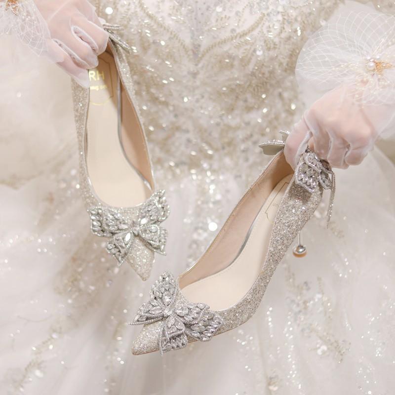 Autumn new pointed single shoes thin heel shallow mouth pearl bow high heels glossy bridesmaid wedding shoes
