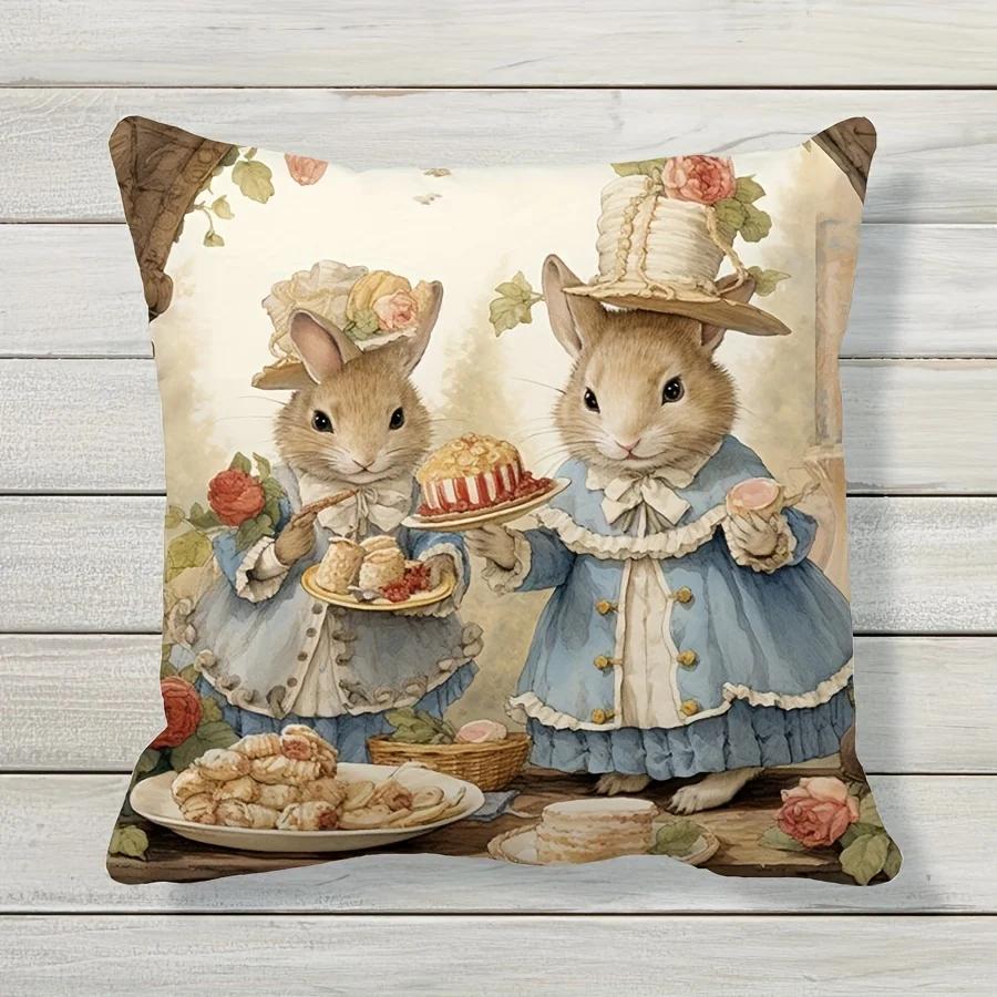 Easter Spring and Summer Retro Cartoon Cute Rabbit Singlesided Printed Pillowcase Gift for Friends Holiday Decoration