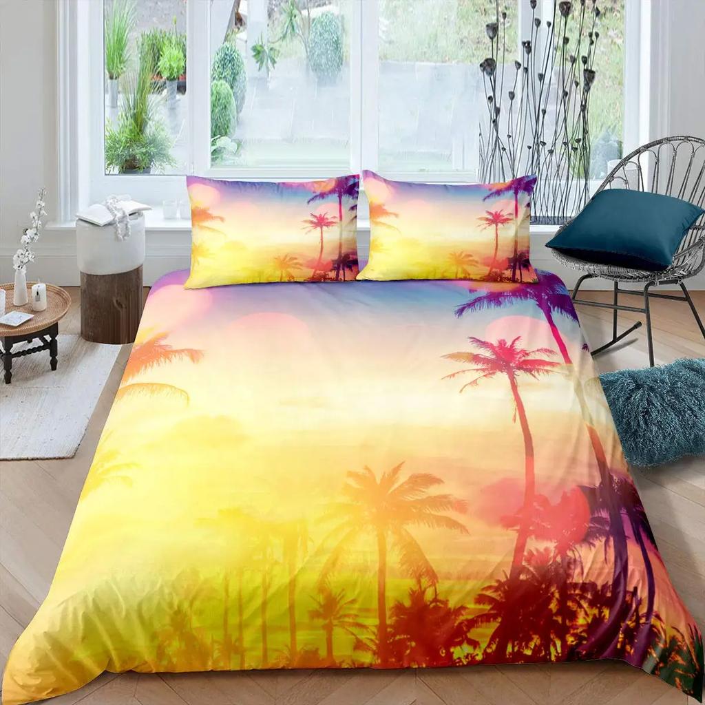 Comforter Tropical Coconut Tree King Queen Surfboard Palm Leaf Bedding Set Summer Ocean Polyester Comforter