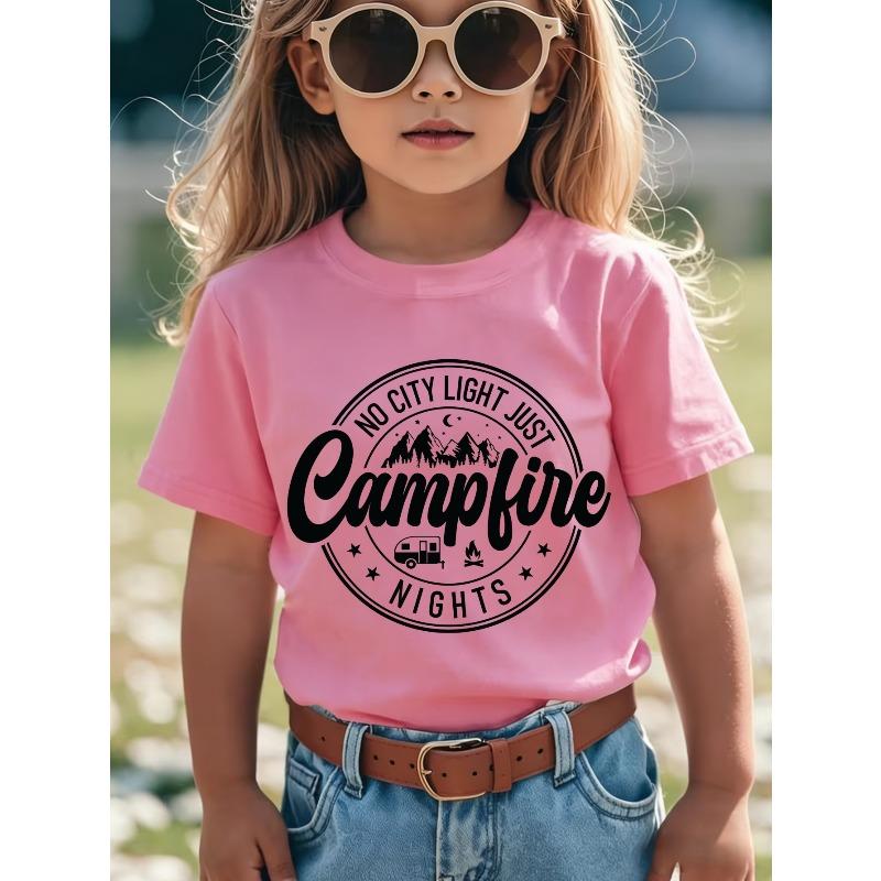 European sizes A Pink T-Shirt Featuring a Graphic That Says  No City Lights, Just Campfire Nights,   Perfect for Outdoor Camping Experiences 110 розовый