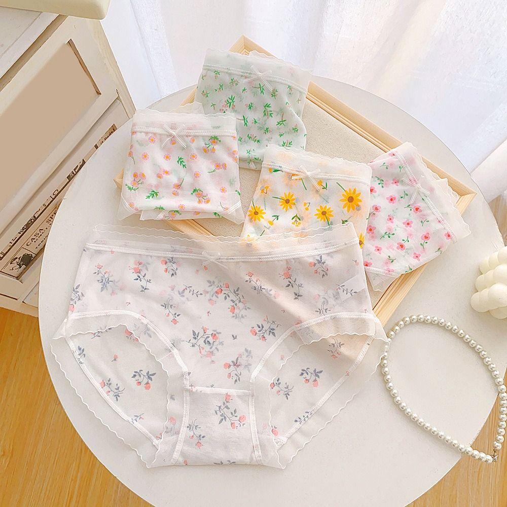 

5PCS Seamless Transparent Floral Briefs Ultra-thin Underwear for Women Mesh Flower Panties Girls M-5PCS