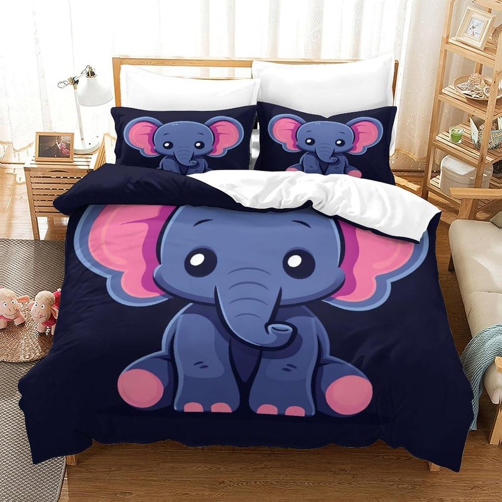Cute Little Elephant 3D Printed Duvet Cover Set, Microfiber Bedding Set Cover Pillowcasefor Zipper Closure Adults Kids Double