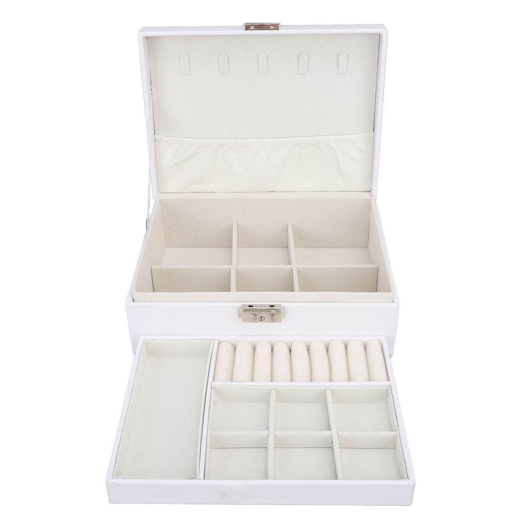 Jewelry Storage Box White Wood Large Capacity 2 Layer Multiple Compartments PU Leather Portable