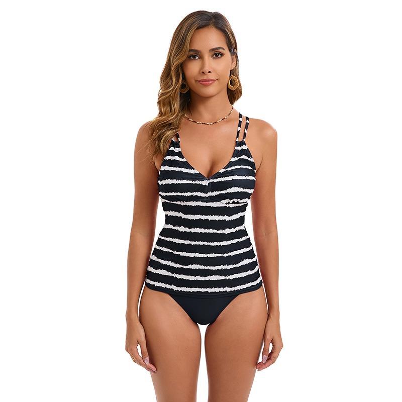 New Split Bikini, Slim Striped Conservative Swimsuit for Women