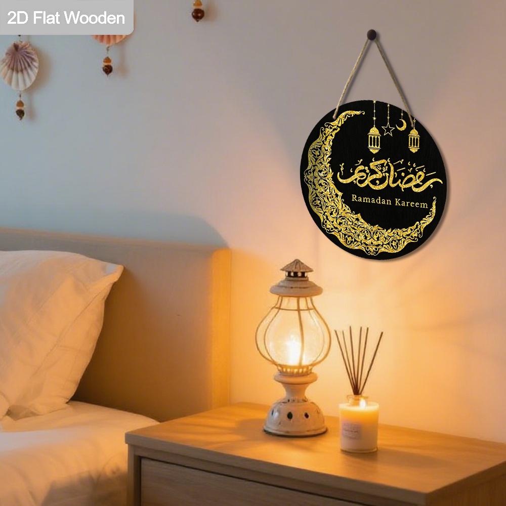 2D Flat Black & Gold Ramadan Round Wooden Hanging Sign - Islamic Calligraphy & Moon Design Decor for Ramadan, Eid, Muslim Home, Front Door