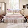 Soft Cushion Headboard Upholstered Bed with 2/4 Drawers USB Charging LED Light Metal Basket Strong Wood Slat Support Bed Bedroom