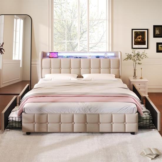 Soft Cushion Headboard Upholstered Bed with 2/4 Drawers USB Charging LED Light Metal Basket Strong Wood Slat Support Bed Bedroom