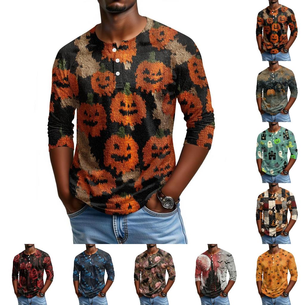 Men's Casual Halloween Print Raglan Sleeve Henley Shirt Three Quarter Sleeve Lightweight Top for Everyday Wear