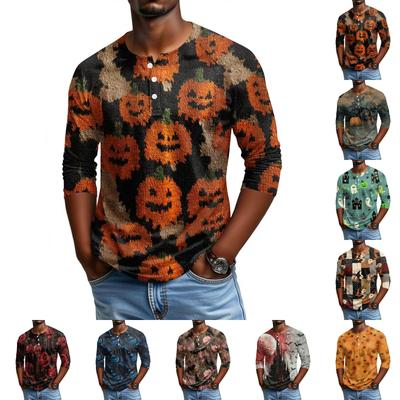 Men's Casual Halloween Print Raglan Sleeve Henley Shirt Three Quarter Sleeve Lightweight Top for Everyday Wear