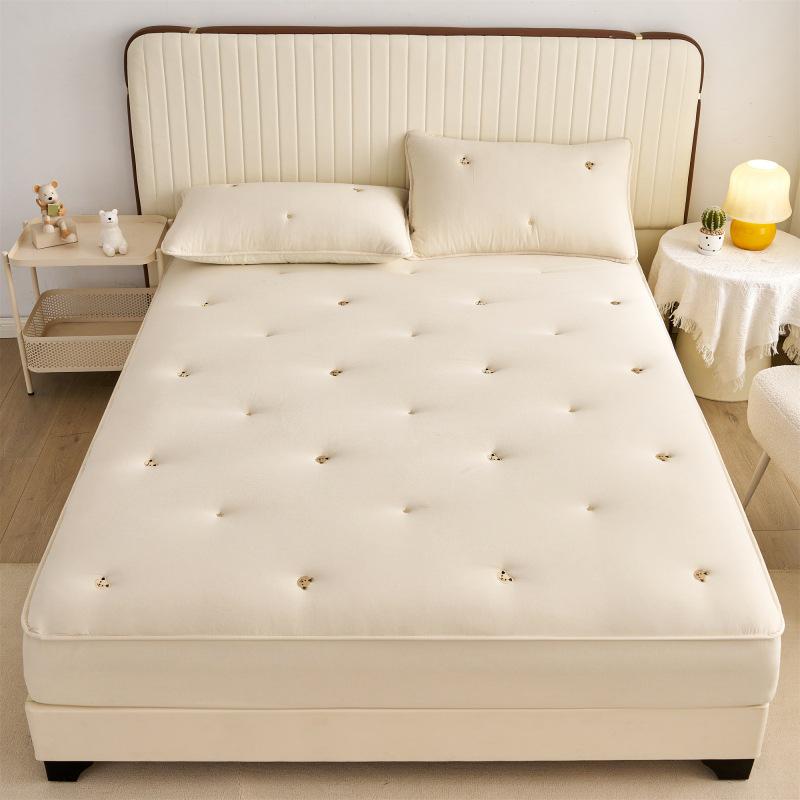 Washed Cotton Quilted Fitted Sheet - Solid Color, Full Wrap, Protective Cover for Home & Dormitory