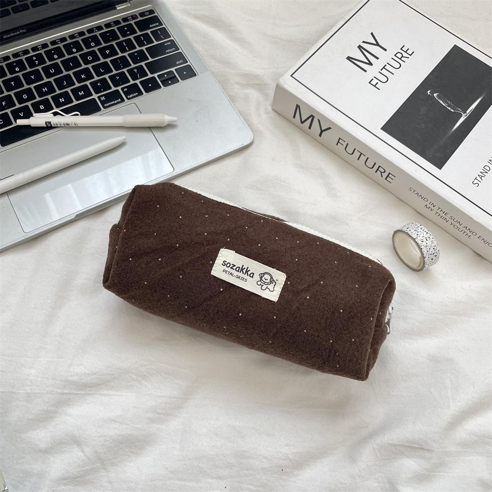 Woolen Korean-style Polka Dot Pen Case  Ins Stationery  Large Capacity  High Appearance Level Small Student Miscellaneous Storage Bag