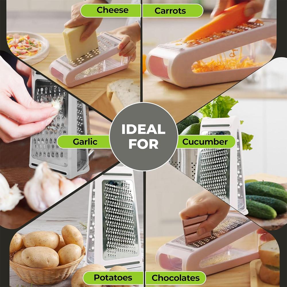 Cheese Grater with Container for Kitchen Vegetable Stainless Steel Grater with Handle Cheese Grater Box NonSlip Base Accessories