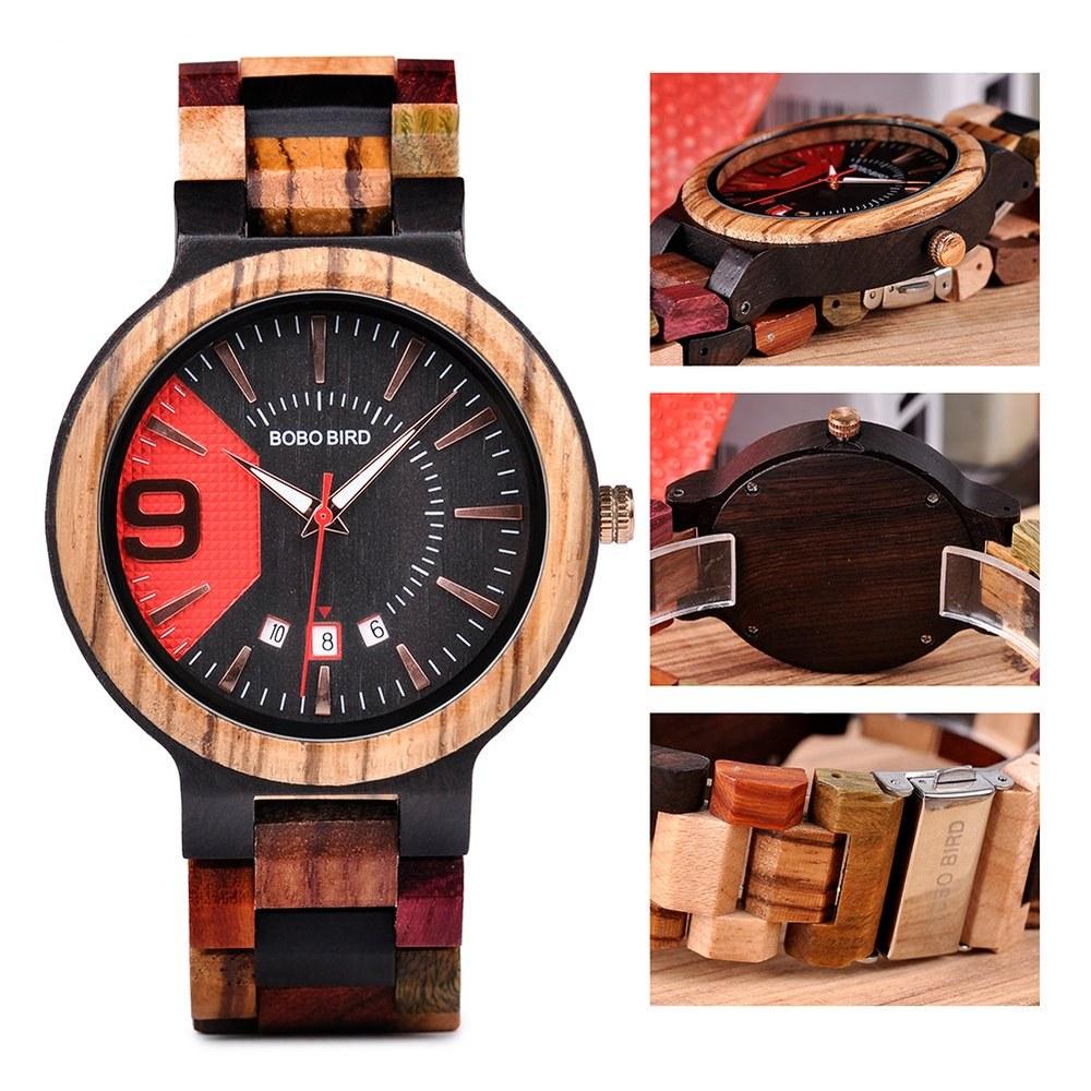 BOBO BIRD Men's Colorful Wooden Watch Analog Quartz Date Display Handmade Luxury Casual Watch Gift Box