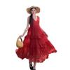 French temperament red irregular suspender dress women's summer new Spice Girl temperament vacation style seaside dress