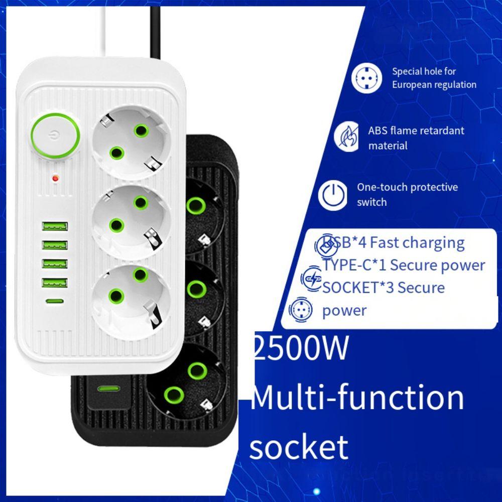 2m Extension Cord Surge-Protected Power Strip 3-Outlets Extended USB Socket  School