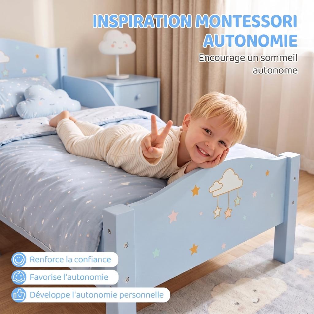 Children's Bed, 70 x 140 cm, Safety Rail, Cloud Pattern, Blue